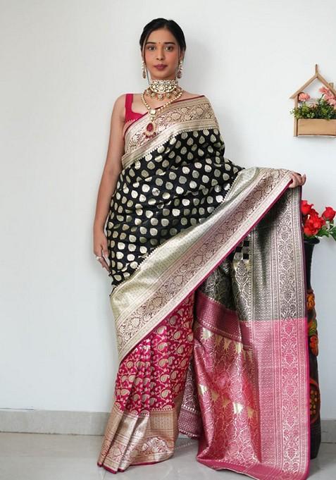 Black Embroidered Linen Pre Stitched Saree Set