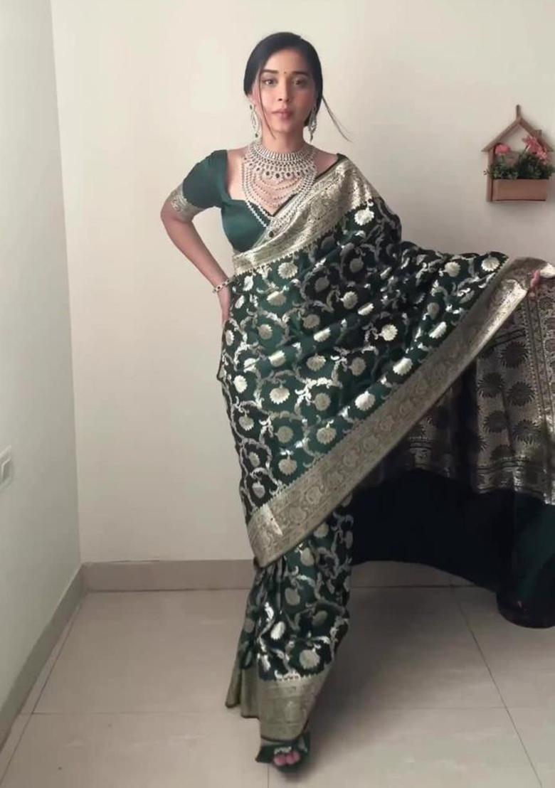 Green Embroidered Linen Pre Stitched Saree Set