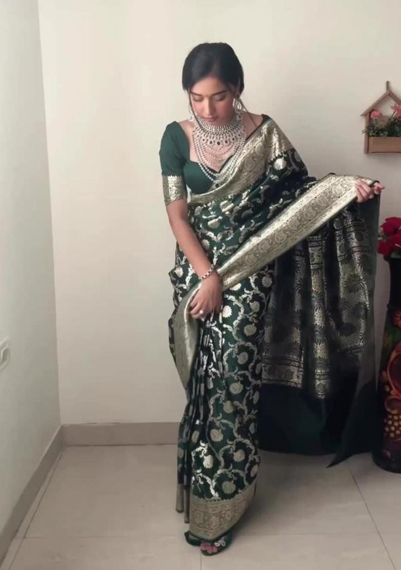 Green Embroidered Linen Pre Stitched Saree Set