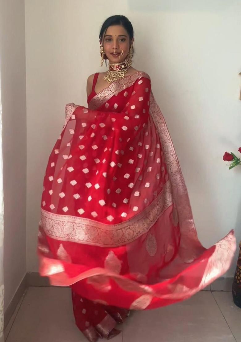 Red Embroidered Linen Pre Stitched Saree Set