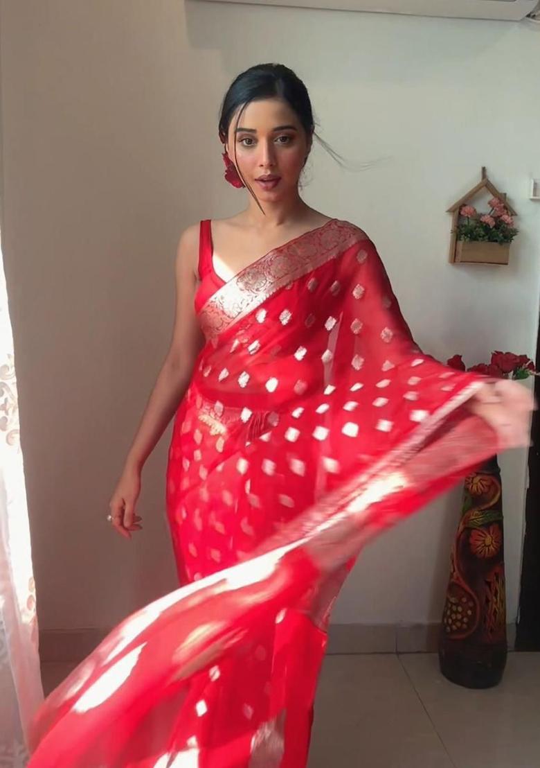 Red Embroidered Linen Pre Stitched Saree Set