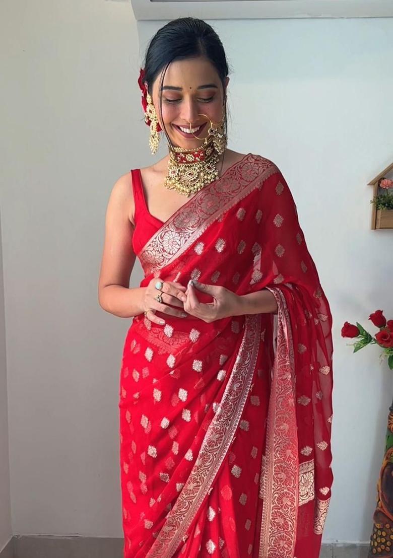 Red Embroidered Linen Pre Stitched Saree Set