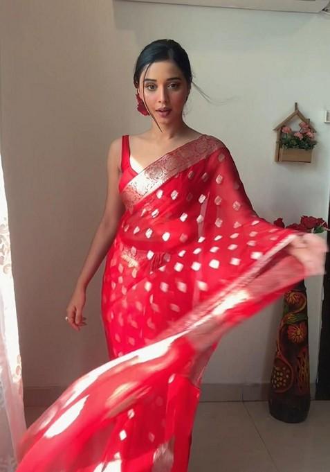 Red Embroidered Linen Pre Stitched Saree Set