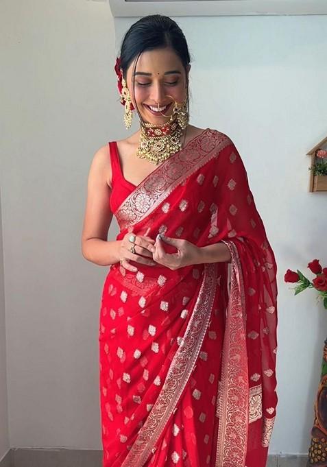 Red Embroidered Linen Pre Stitched Saree Set