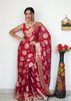 Maroon Embroidered Linen Pre Stitched Saree Set
