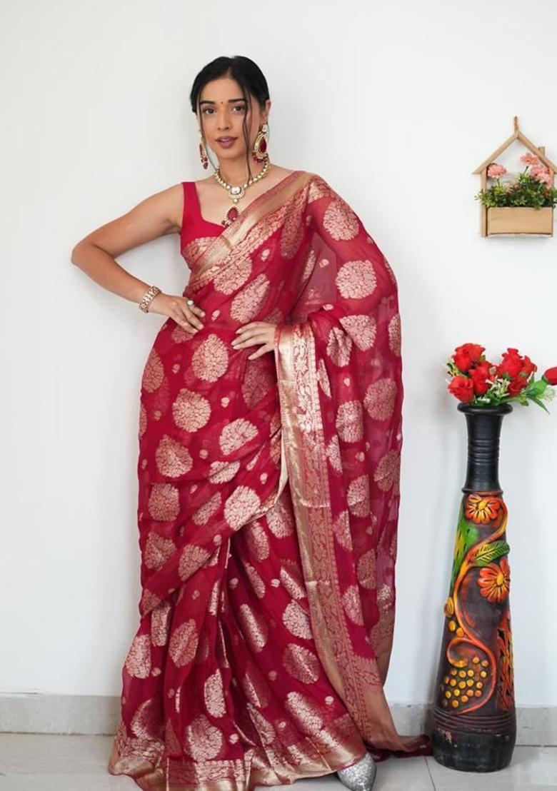 Maroon Embroidered Linen Pre Stitched Saree Set