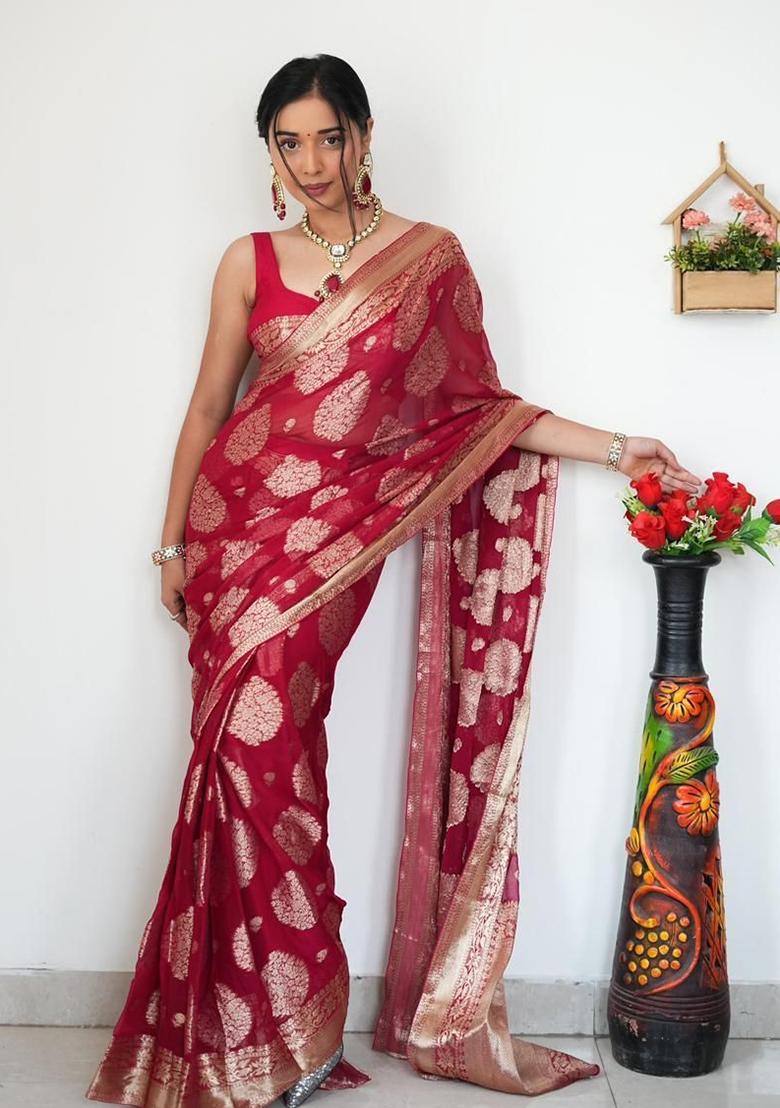 Maroon Embroidered Linen Pre Stitched Saree Set