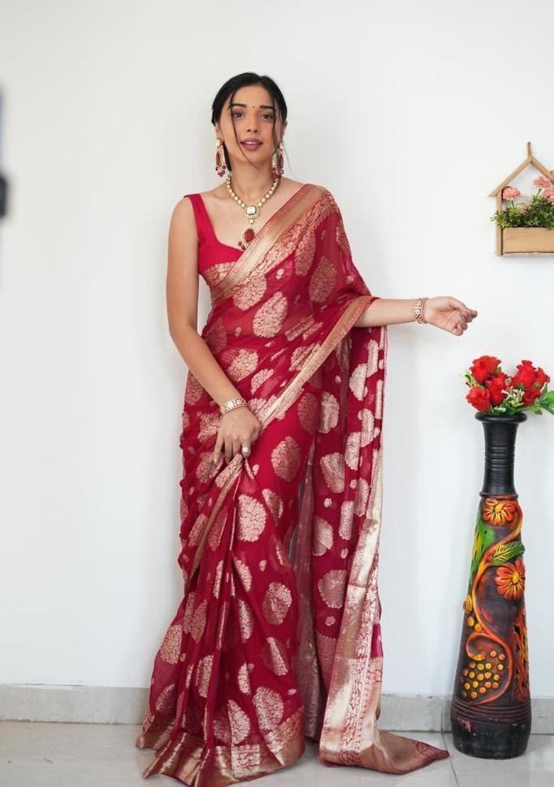 Maroon Embroidered Linen Pre Stitched Saree Set