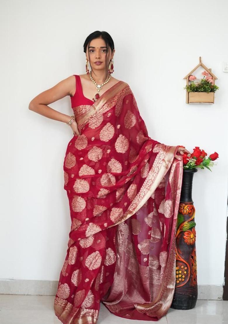 Maroon Embroidered Linen Pre Stitched Saree Set