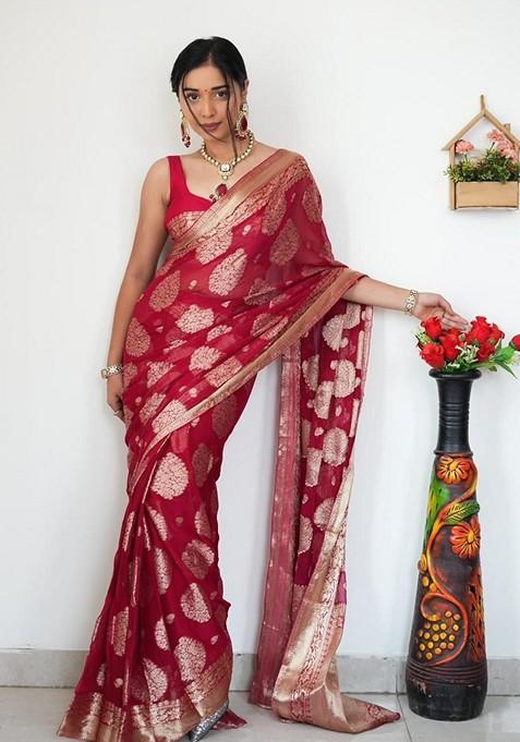 Maroon Embroidered Linen Pre Stitched Saree Set
