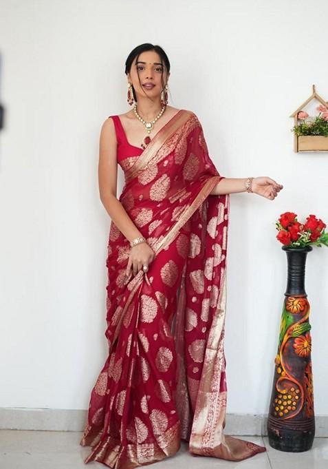 Maroon Embroidered Linen Pre Stitched Saree Set