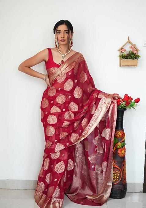 Maroon Embroidered Linen Pre Stitched Saree Set