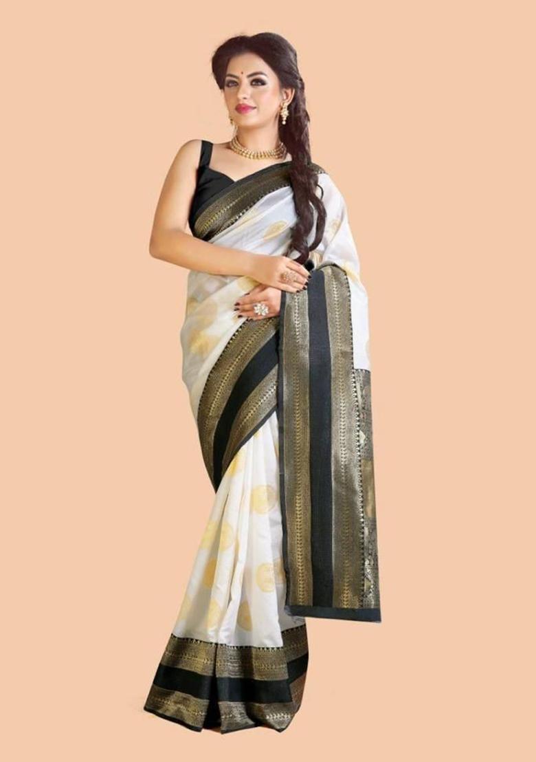 White Printed Silk Saree