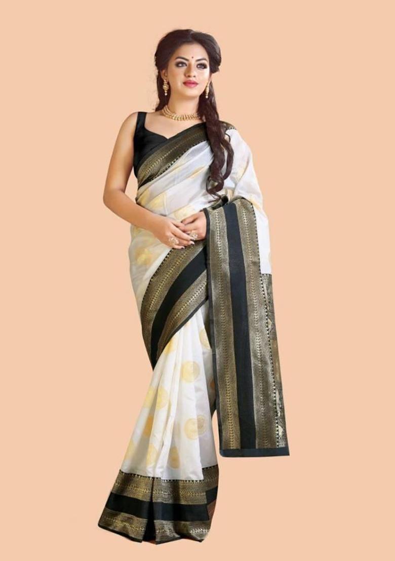White Printed Silk Saree