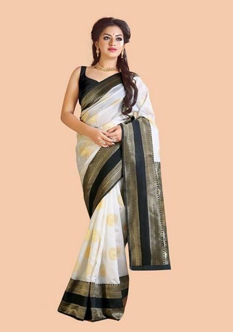 White Printed Silk Saree