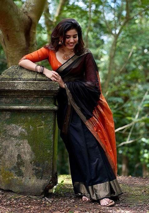 Black Printed Linen Saree