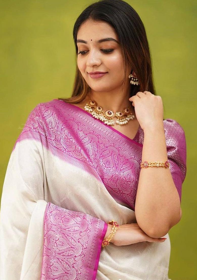 White Printed Silk Saree