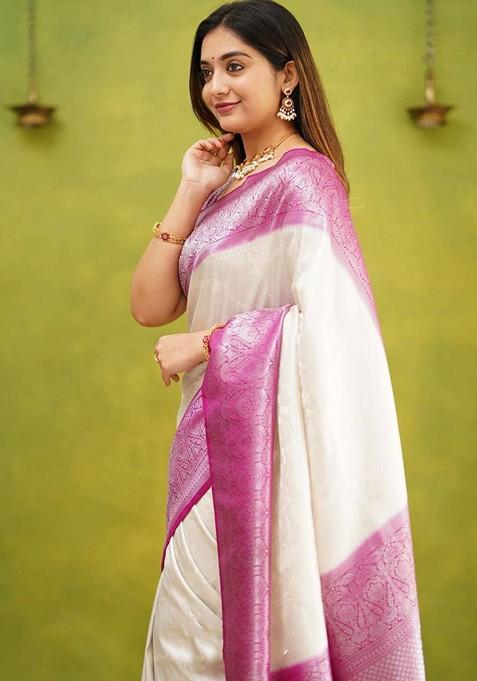 White Printed Silk Saree