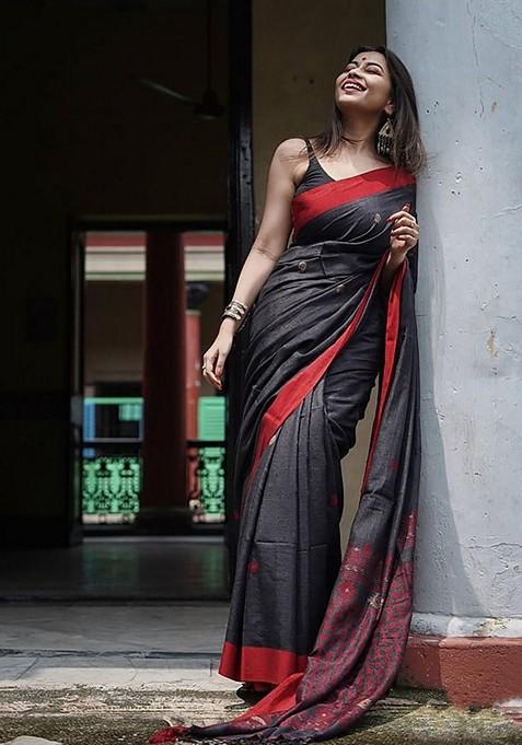 Black Printed Linen Saree