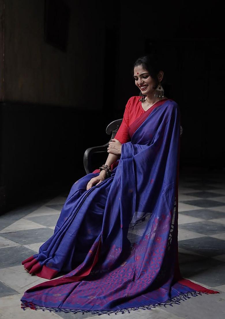 Blue Printed Linen Saree