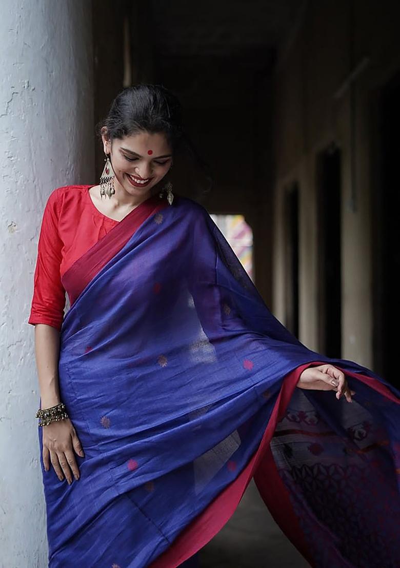 Blue Printed Linen Saree