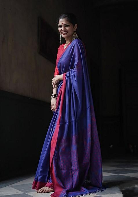 Blue Printed Linen Saree