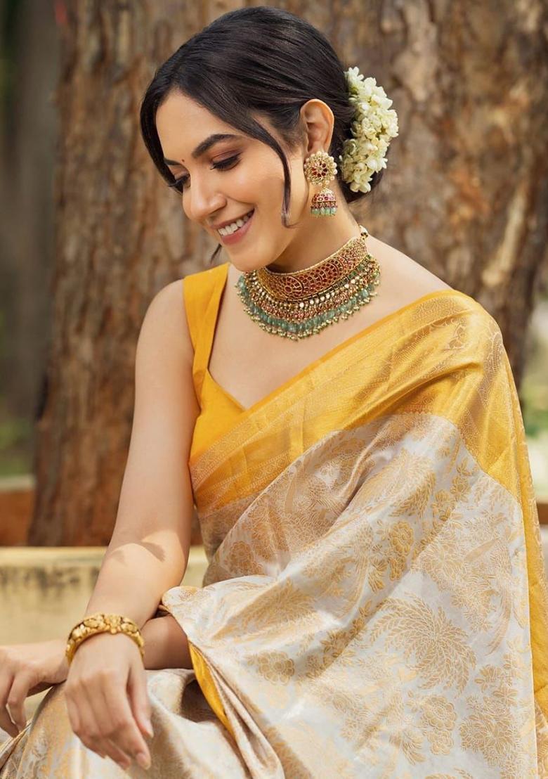 Cream Printed Silk Saree