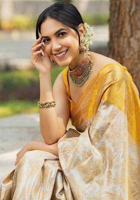 Cream Printed Silk Saree