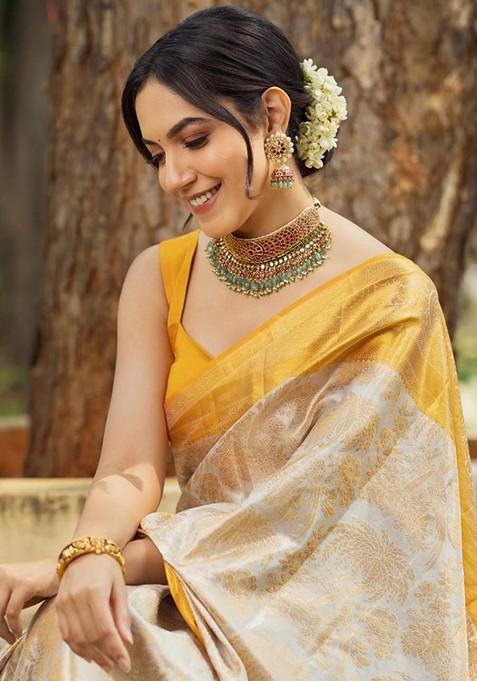 Cream Printed Silk Saree