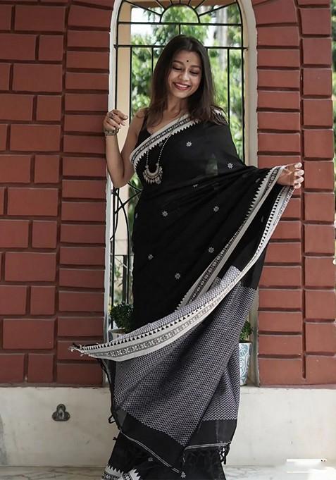 Black Printed Linen Saree