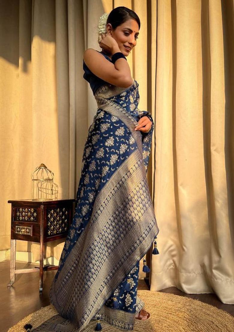 Blue Printed Silk Saree
