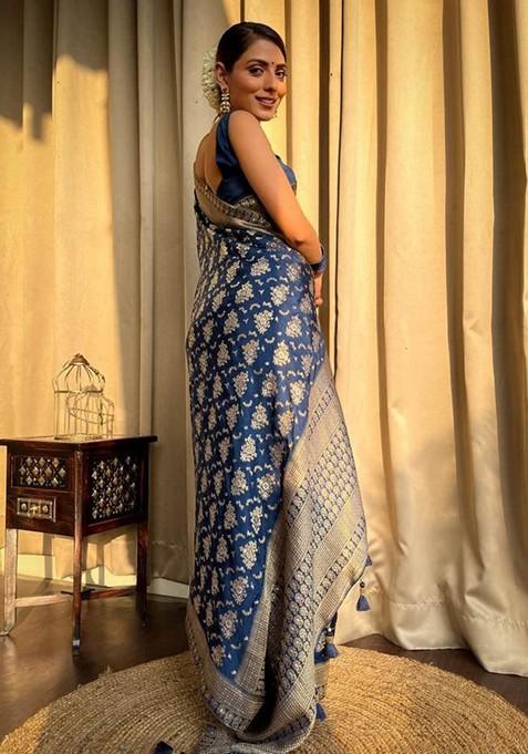 Blue Printed Silk Saree