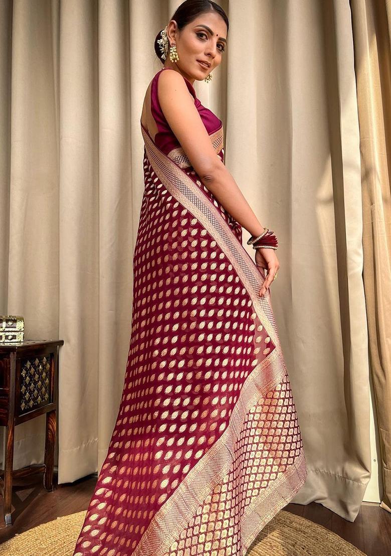 Wine Printed Silk Saree