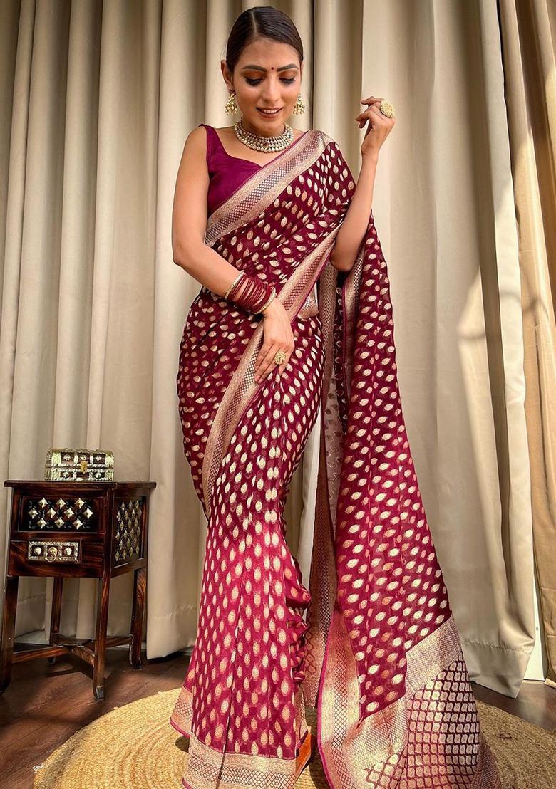 Wine Printed Silk Saree