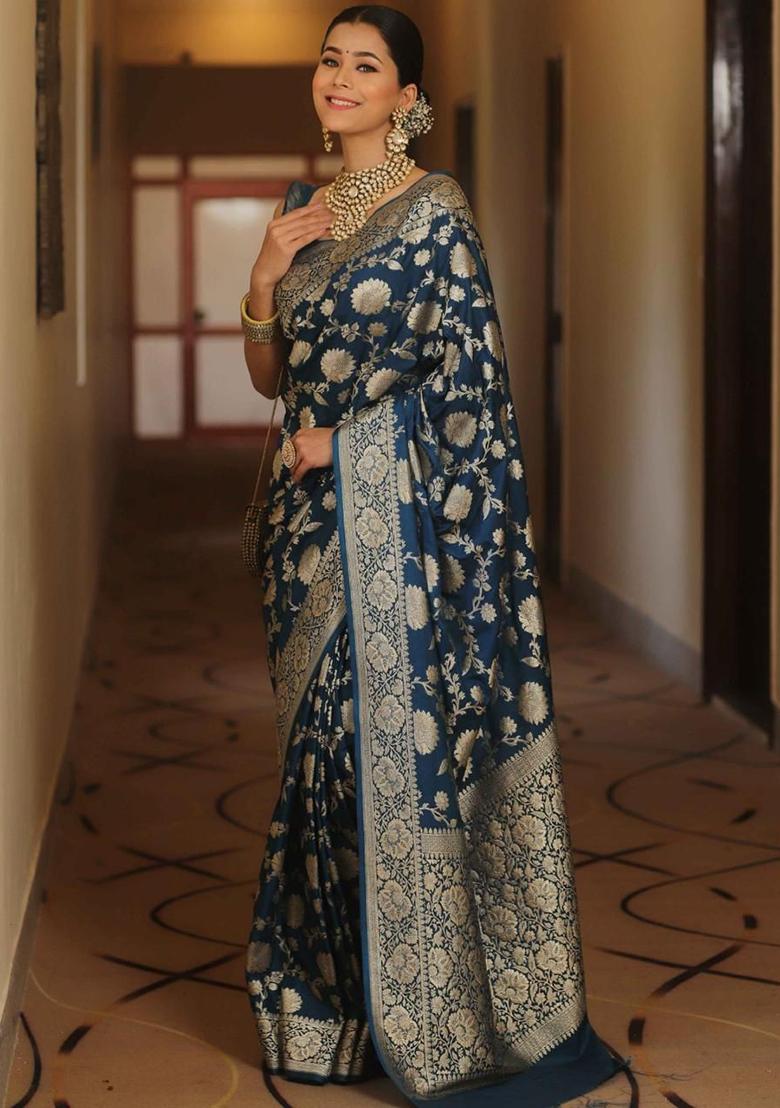 Teal Printed Silk Saree