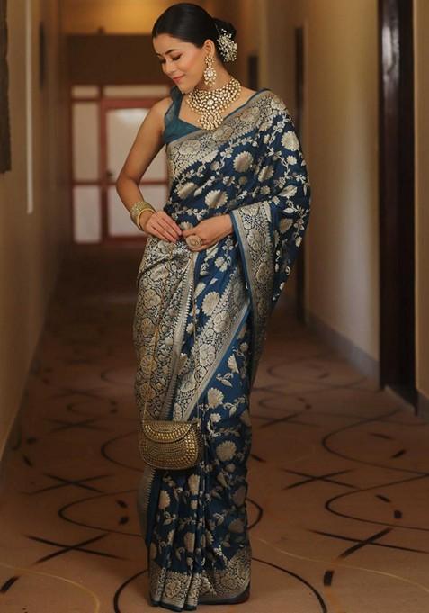 Teal Printed Silk Saree