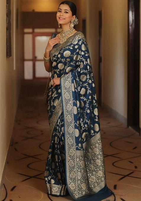 Teal Printed Silk Saree