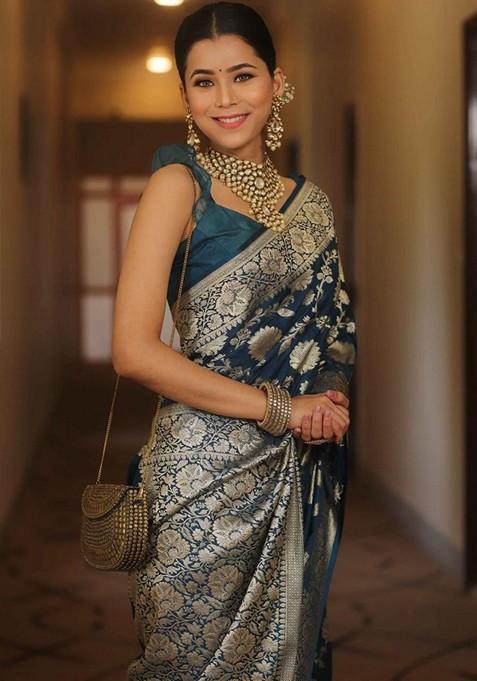 Teal Printed Silk Saree