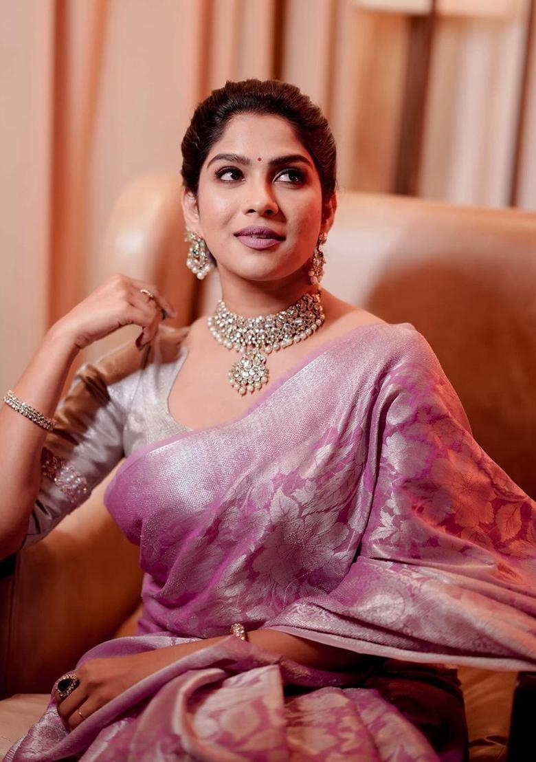 Pink Printed Silk Saree