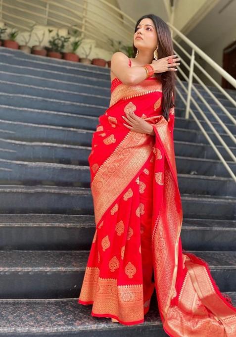 Red Printed Silk Saree