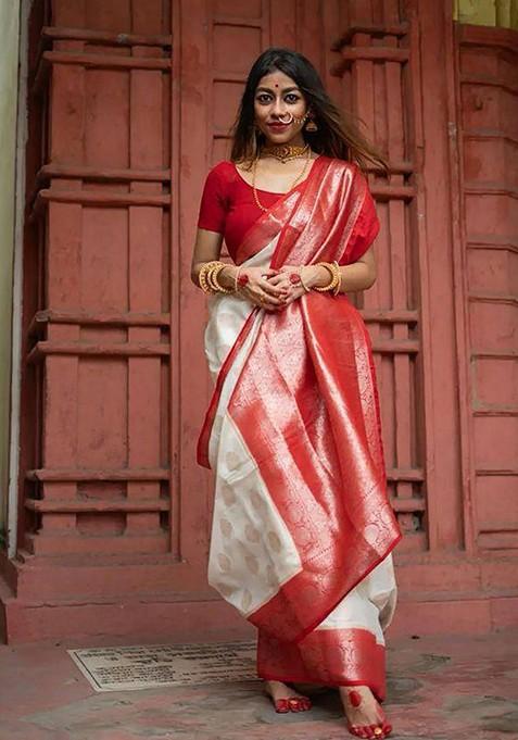 White Printed Silk Saree