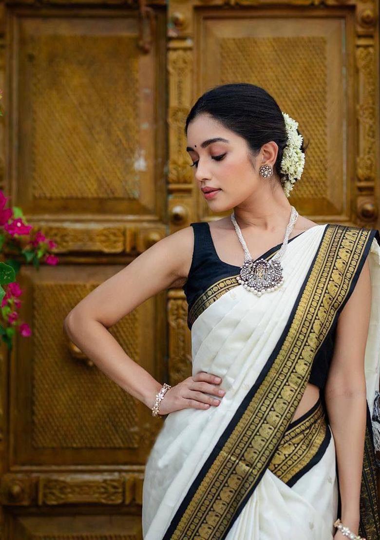 White Printed Silk Saree