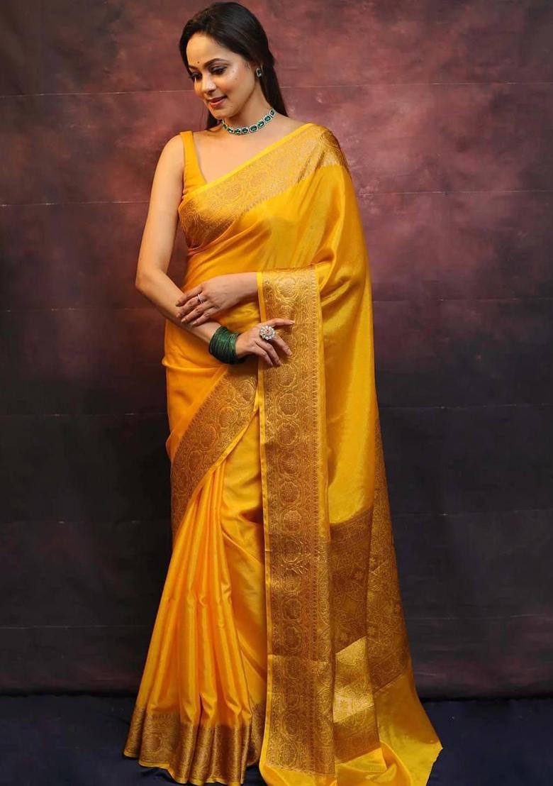 Yellow Printed Silk Saree