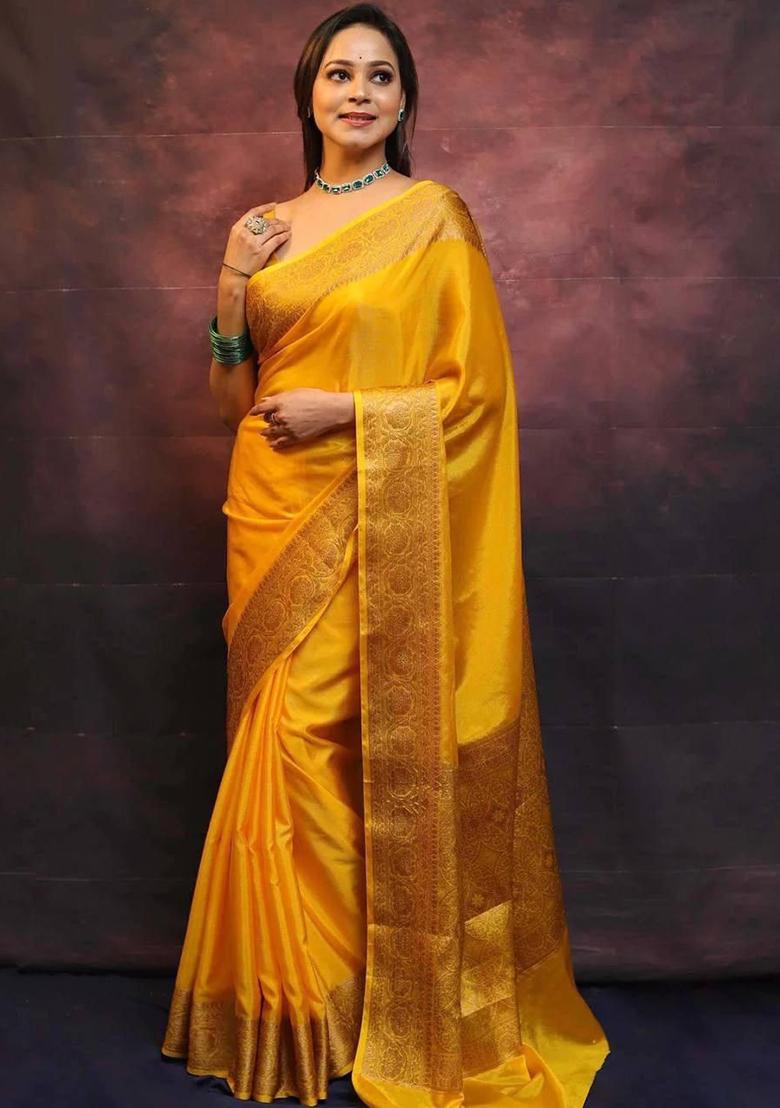 Yellow Printed Silk Saree