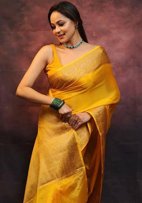Yellow Printed Silk Saree