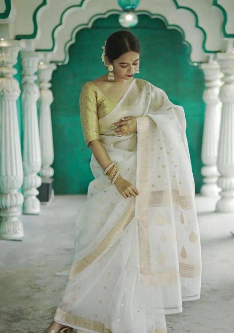 White Printed Silk Saree