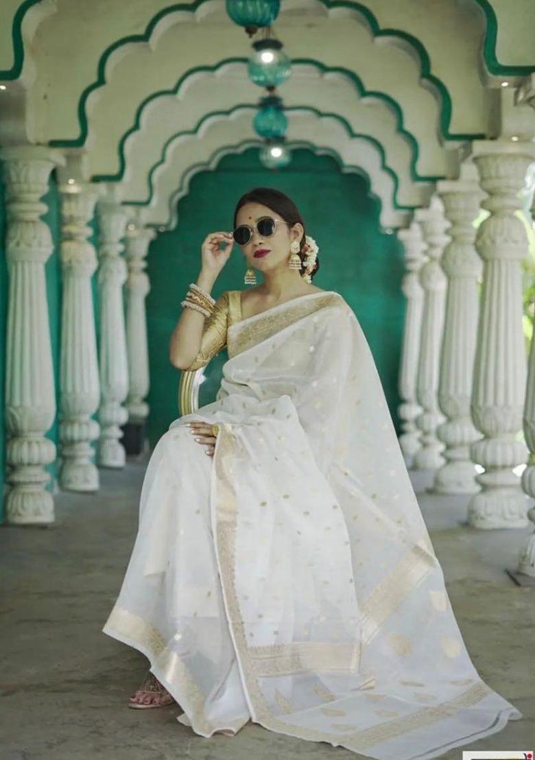 White Printed Silk Saree