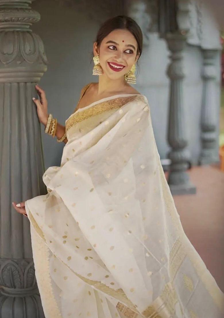 White Printed Silk Saree