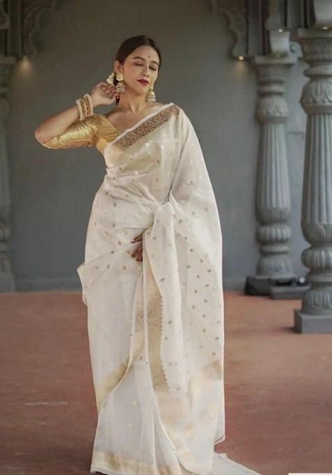 White Printed Silk Saree