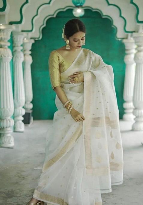 White Printed Silk Saree